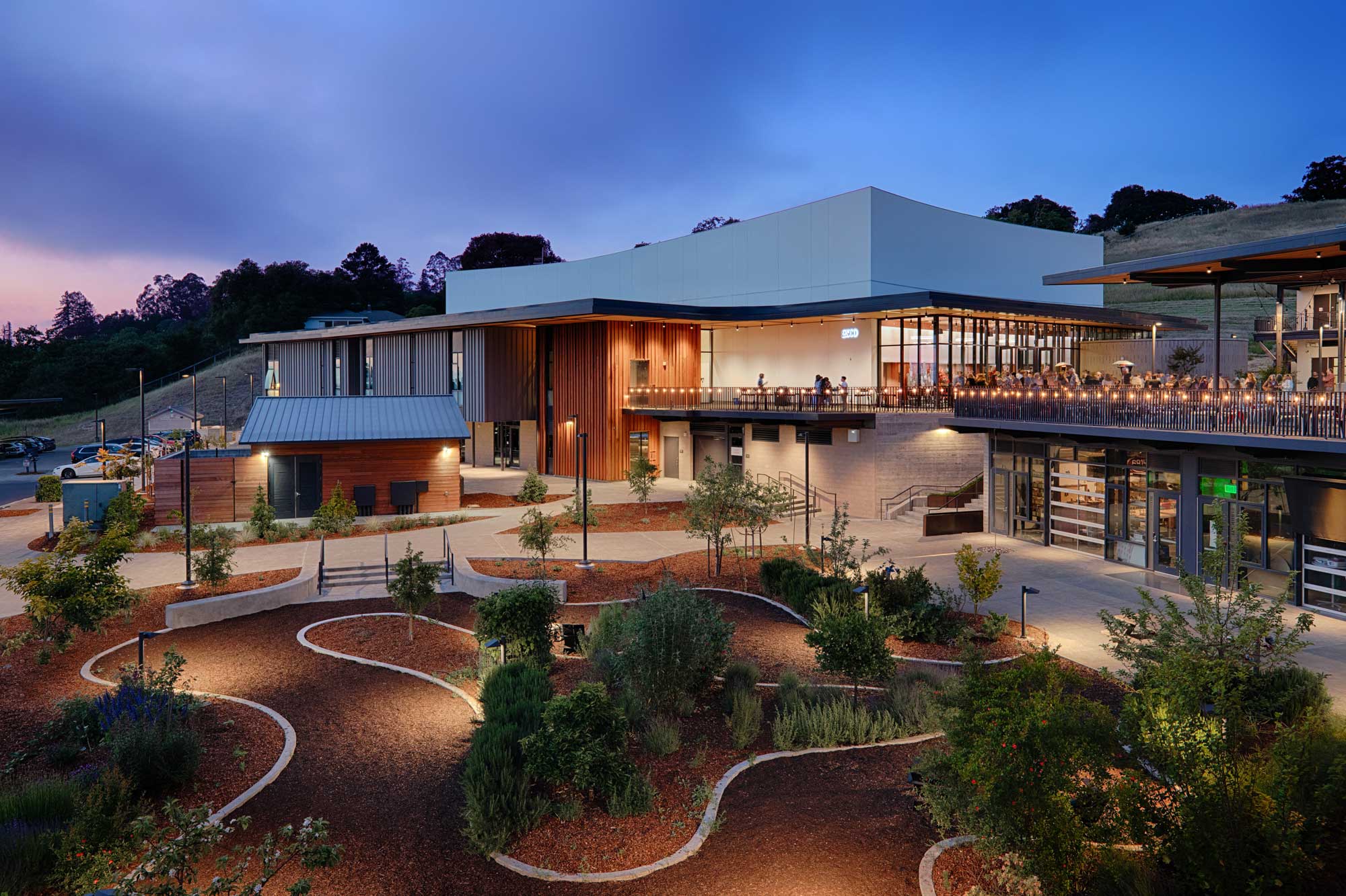 exterior of Sonoma Academy Performing Arts Center at dusk