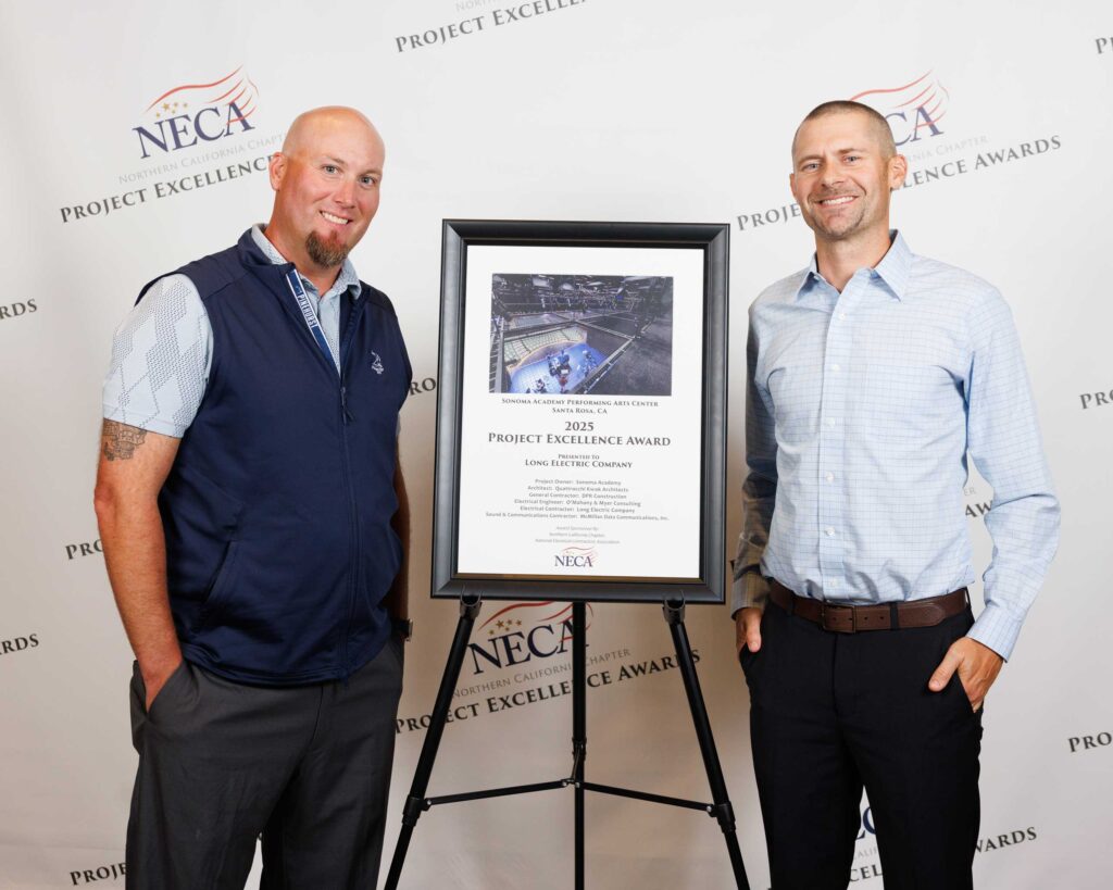 Gary Richardson and Tom Long of Long Electric receive a 2025 Project Excellence Award from NorCAL NECA
